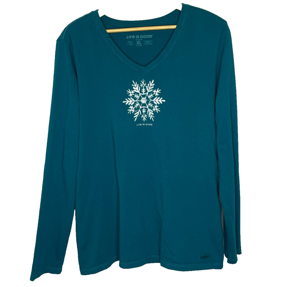 Women's XL Life is Good Snowflake V-Neck Long Sleeve Blue Crusher T-Shirt